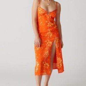 UO Dara Lace Trim Midi Dress Cutout Printed Orange M